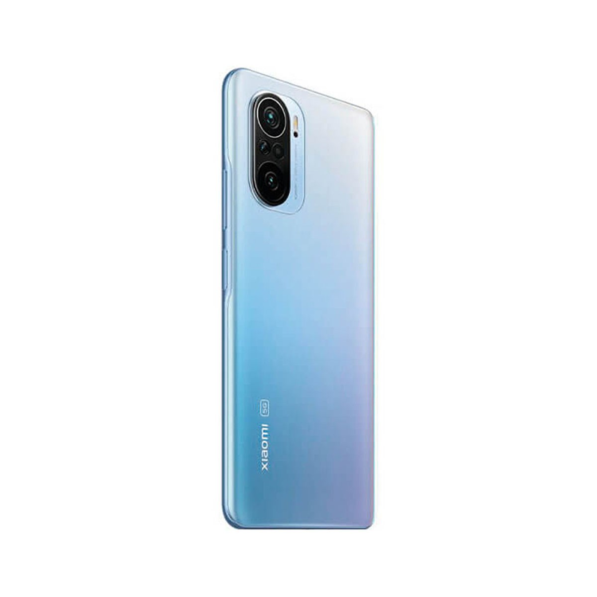 Hellblaues Gradienten-Smartphone mit Dreifach-Kamera und Xiaomi-Logo auf weißem Hintergrund.
