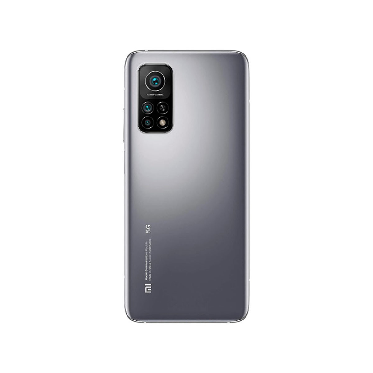 Rückseite eines silbernen Smartphones mit einer vertikalen Vierfachkamera oben links und dem MI-Logo unten.