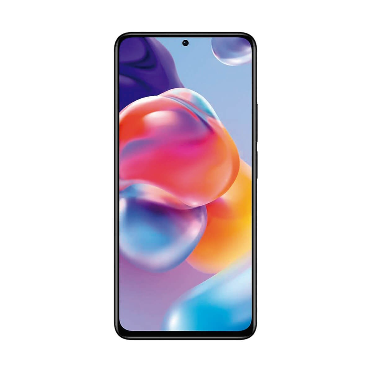 Ein Smartphone mit schwarzem Rahmen und einem bunten, abstrakten Hintergrund auf dem Bildschirm.