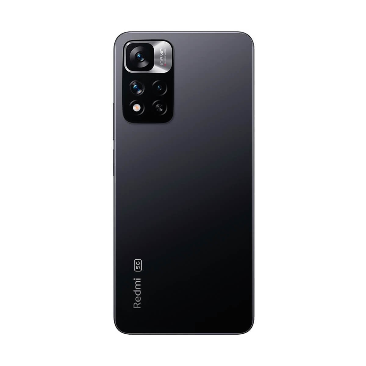 Rückseite eines dunklen Redmi 5G Smartphones mit Vierfach-Kamera.