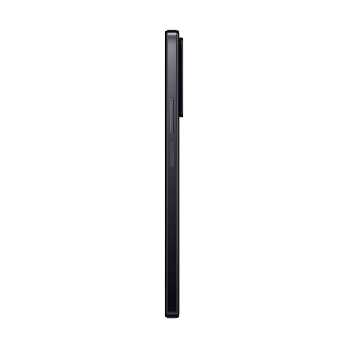 Seitenansicht eines schlanken, schwarzen Smartphones mit Kameramodul auf weißem Hintergrund.