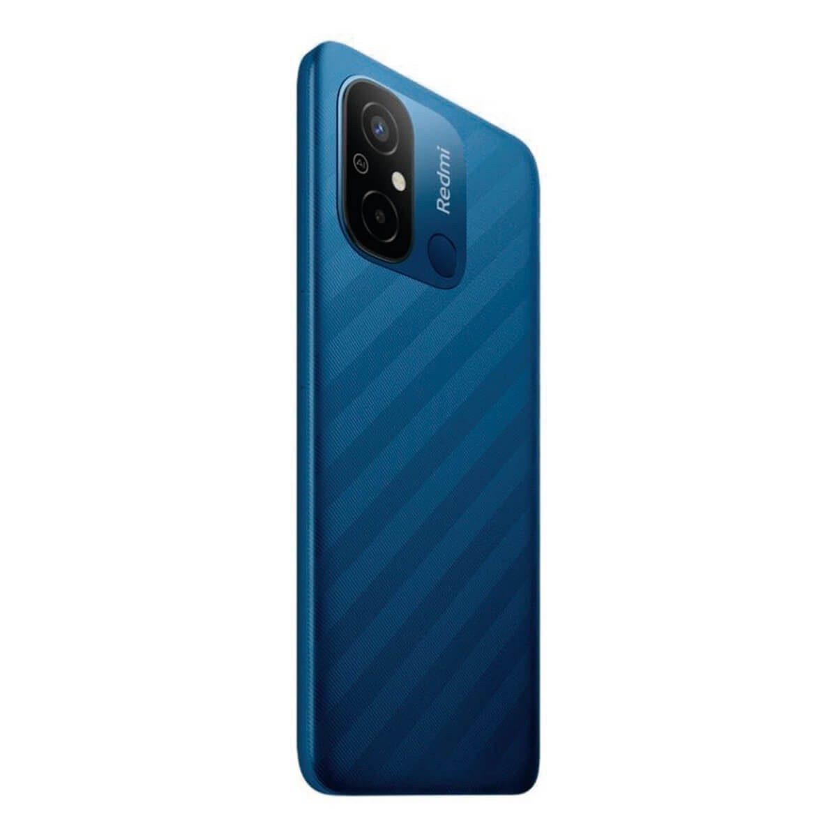 Blaue Rückseite eines Redmi-Smartphones mit diagonal gestreiftem Muster und vertikaler Kamera.