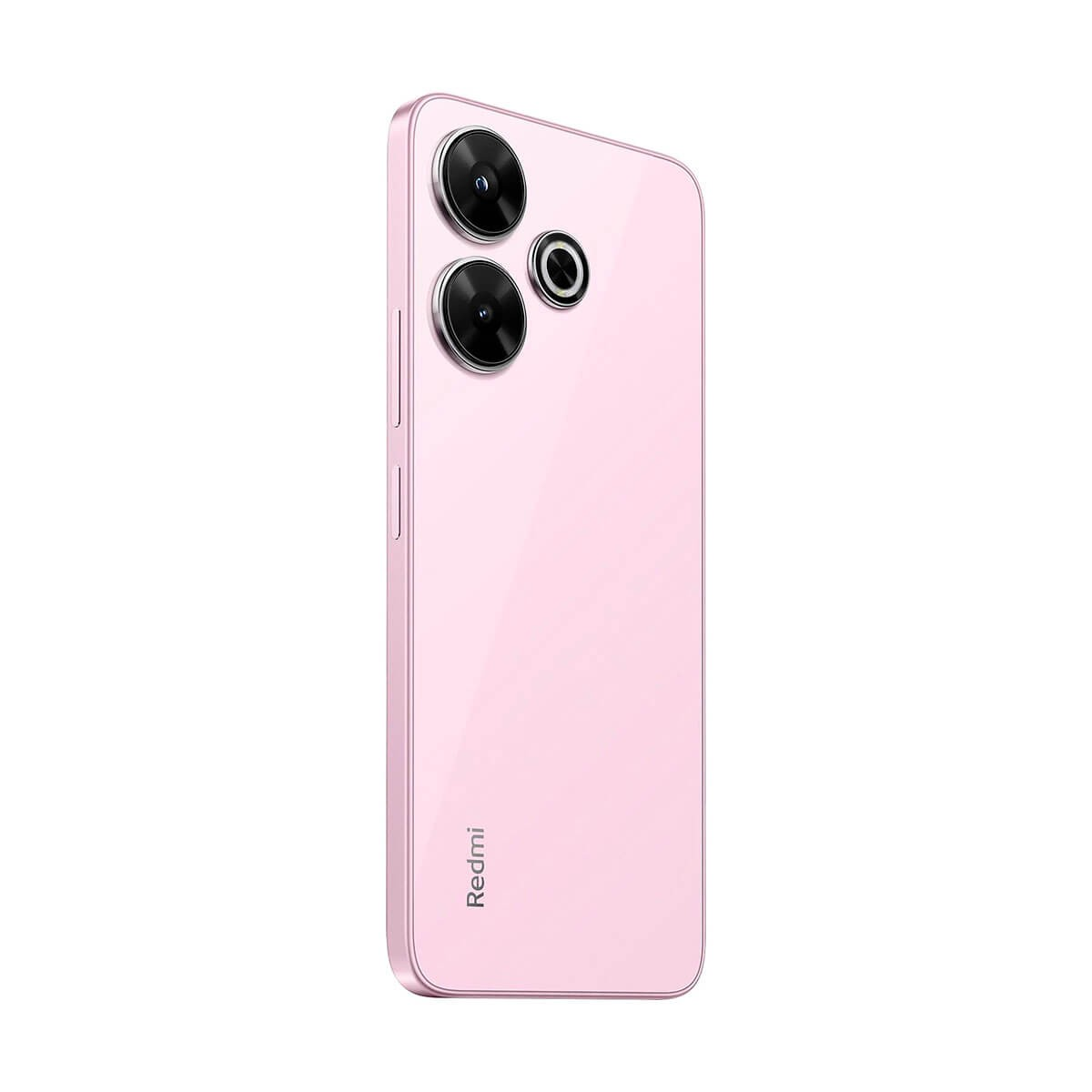 Retro di uno smartphone Redmi rosa con due grandi obiettivi fotografici e un flash più piccolo su sfondo bianco.