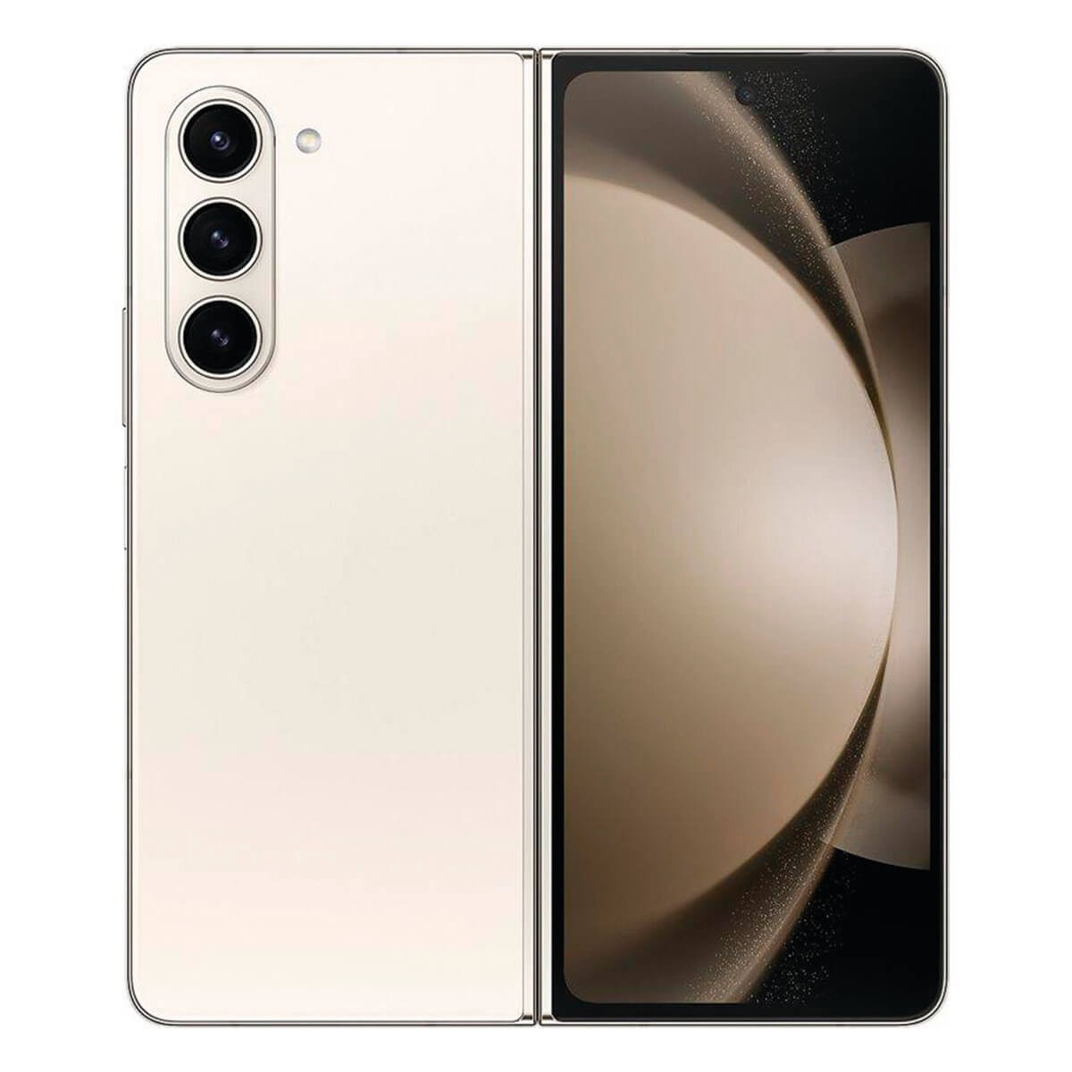 Ein beige faltbares Smartphone zeigt links die dreifache Kamera auf der Rückseite und rechts den beleuchteten Bildschirm.