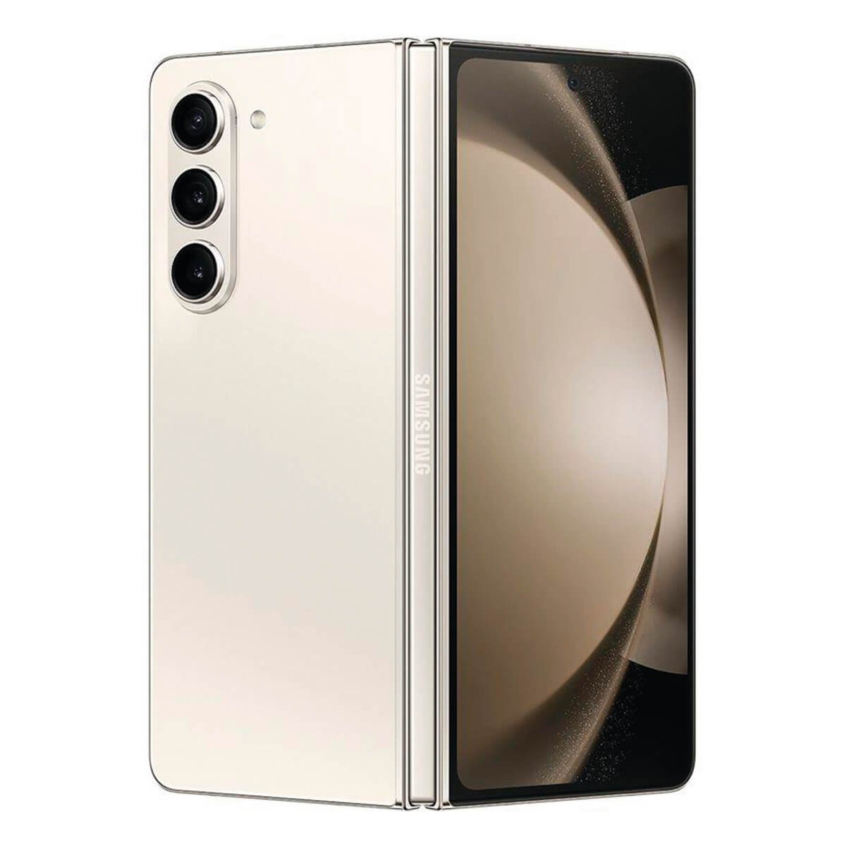 Ein weißes Samsung-Falt-Smartphone zeigt die dreifache Kamera auf der Rückseite und den geschlossenen Bildschirm.