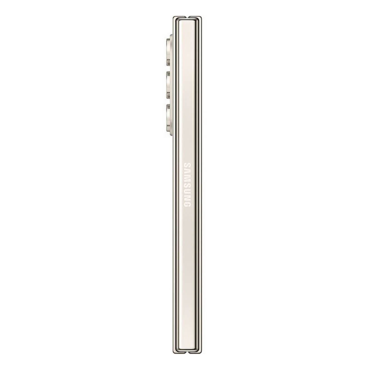 Seitenansicht eines schlanken, goldenen Samsung-Smartphones mit vertikalem Logo.