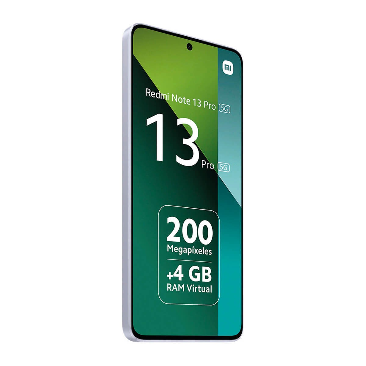 Vorderansicht des Redmi Note 13 Pro 5G mit grünem Bildschirm und Daten wie 200 Megapíxeles und +4 GB RAM.
