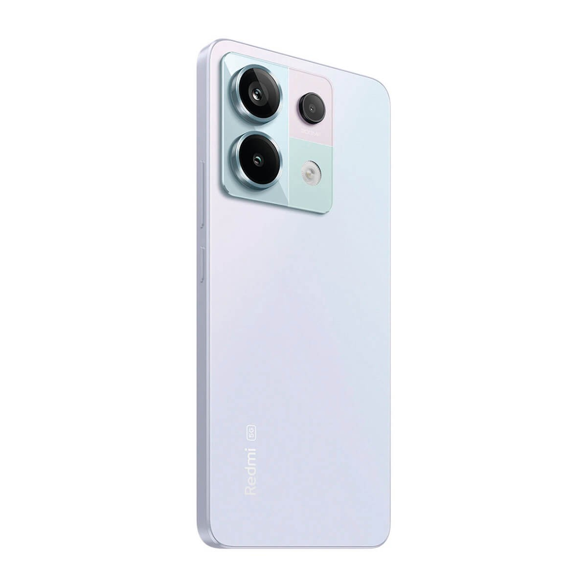 Ein hellviolettes Smartphone mit Multilinser-Kameramodul und Redmi 5G-Logo.