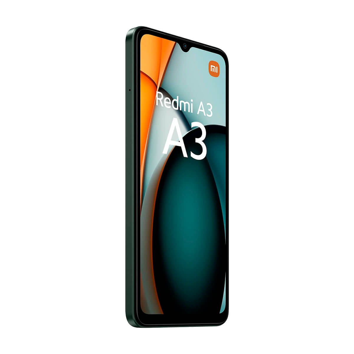 Uno smartphone Redmi A3 verde scuro è mostrato inclinato su sfondo bianco, con lo sfondo colorato e il marchio.