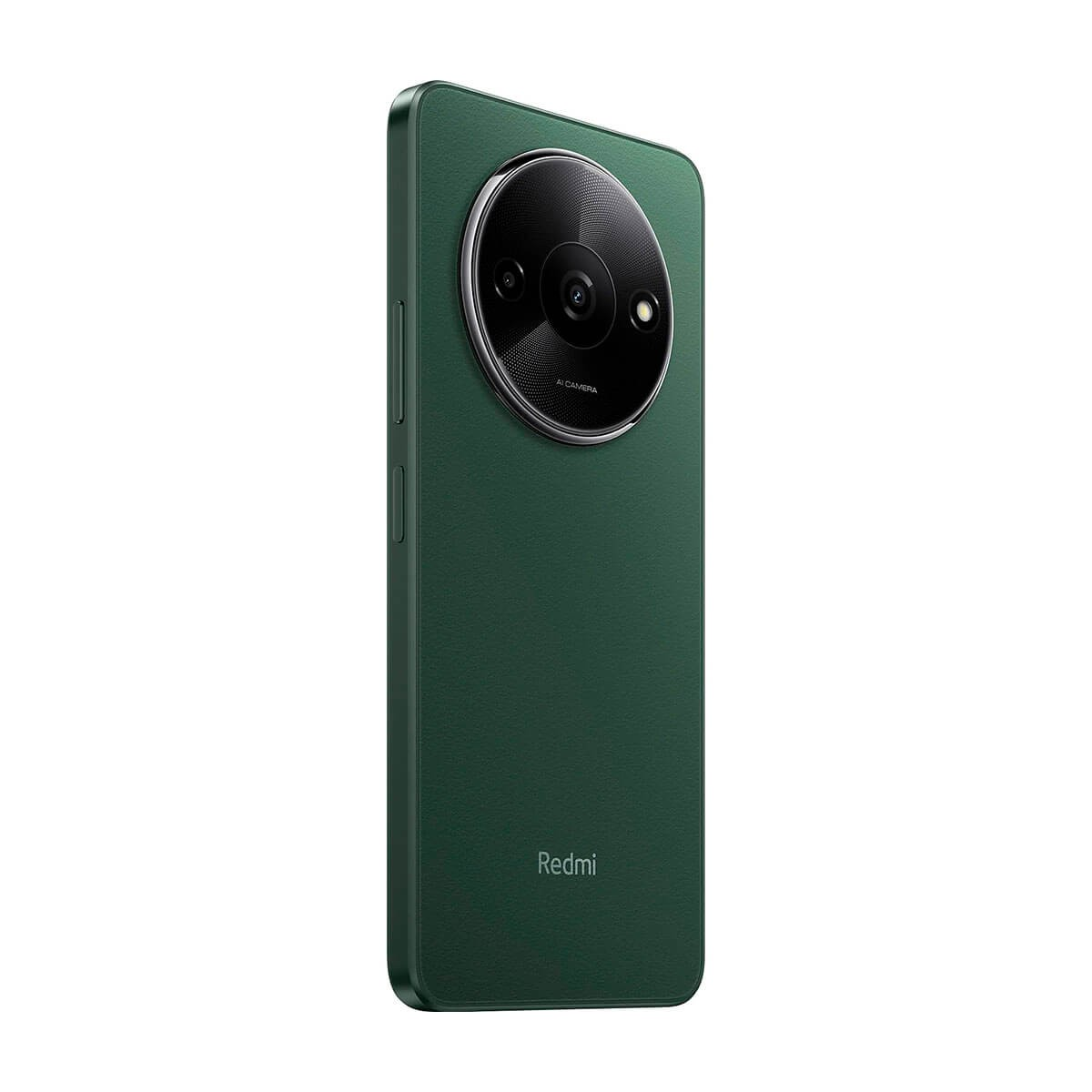 Smartphone Redmi verde scuro con un grande modulo fotocamera rotondo sul retro.