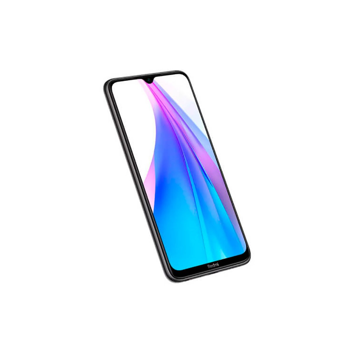 Ein schwarzes Smartphone mit abgerundeten Ecken zeigt einen farbenfrohen, blau-lila Bildschirm auf weißem Grund.