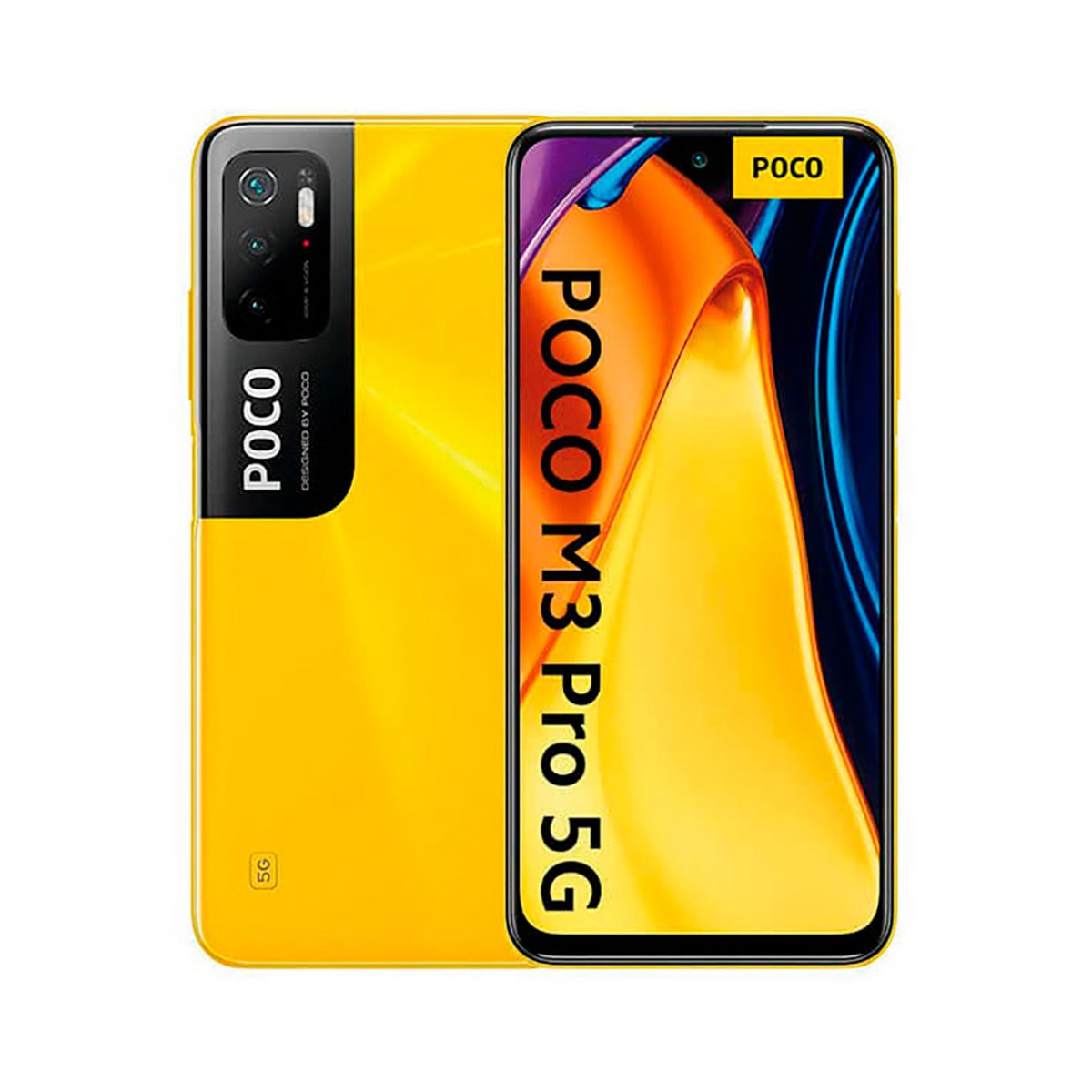 Fronte e retro dello smartphone giallo POCO M3 Pro 5G con logo e tripla fotocamera.
