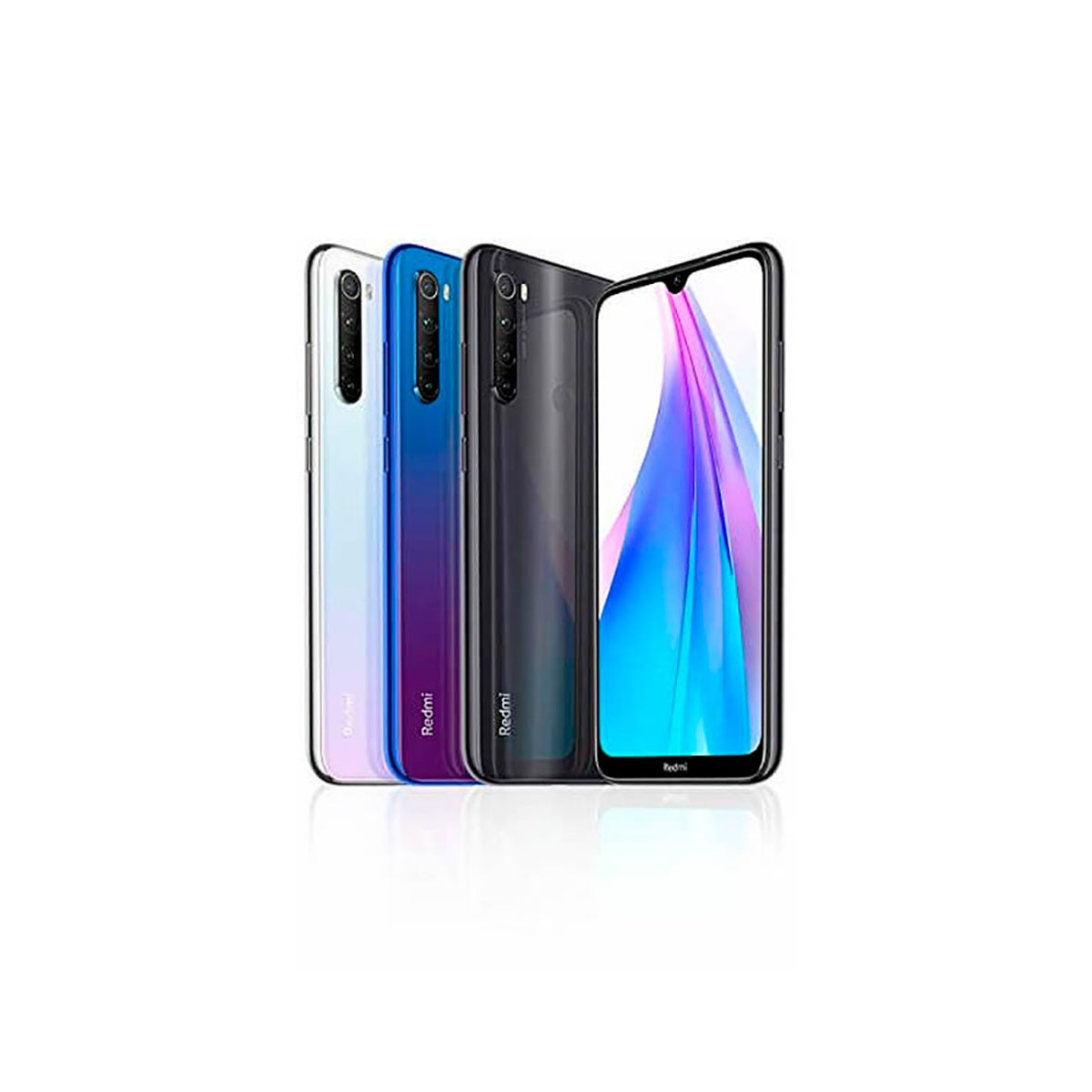 Quattro smartphone Redmi in bianco, blu, nero e uno con display colorato su sfondo bianco.