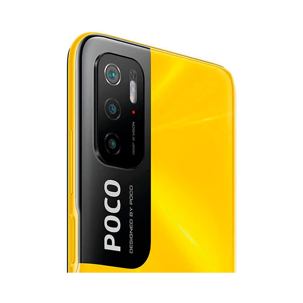 Retro di uno smartphone giallo con modulo fotocamera nero e logo Poco.