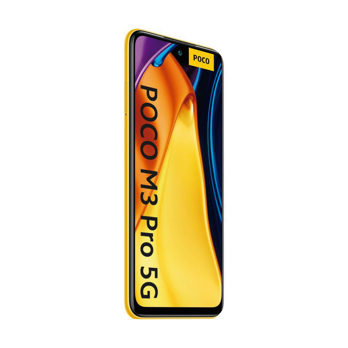 Smartphone POCO M3 Pro 5G giallo su sfondo bianco con schermo colorato.