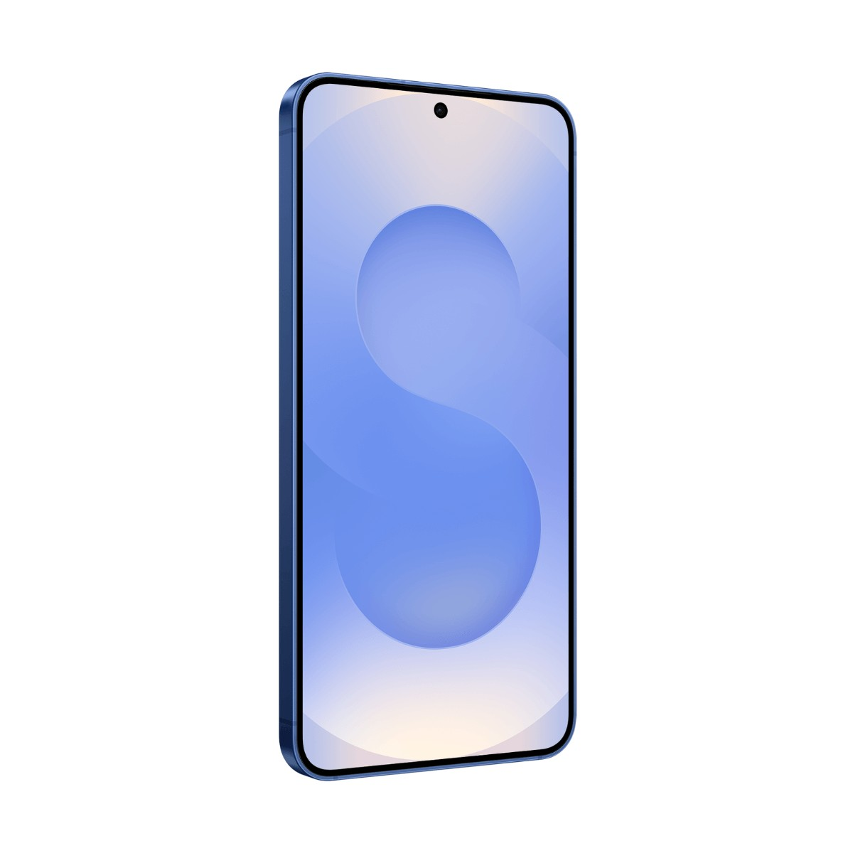 Uno smartphone blu che mostra uno sfondo astratto azzurro sullo schermo.
