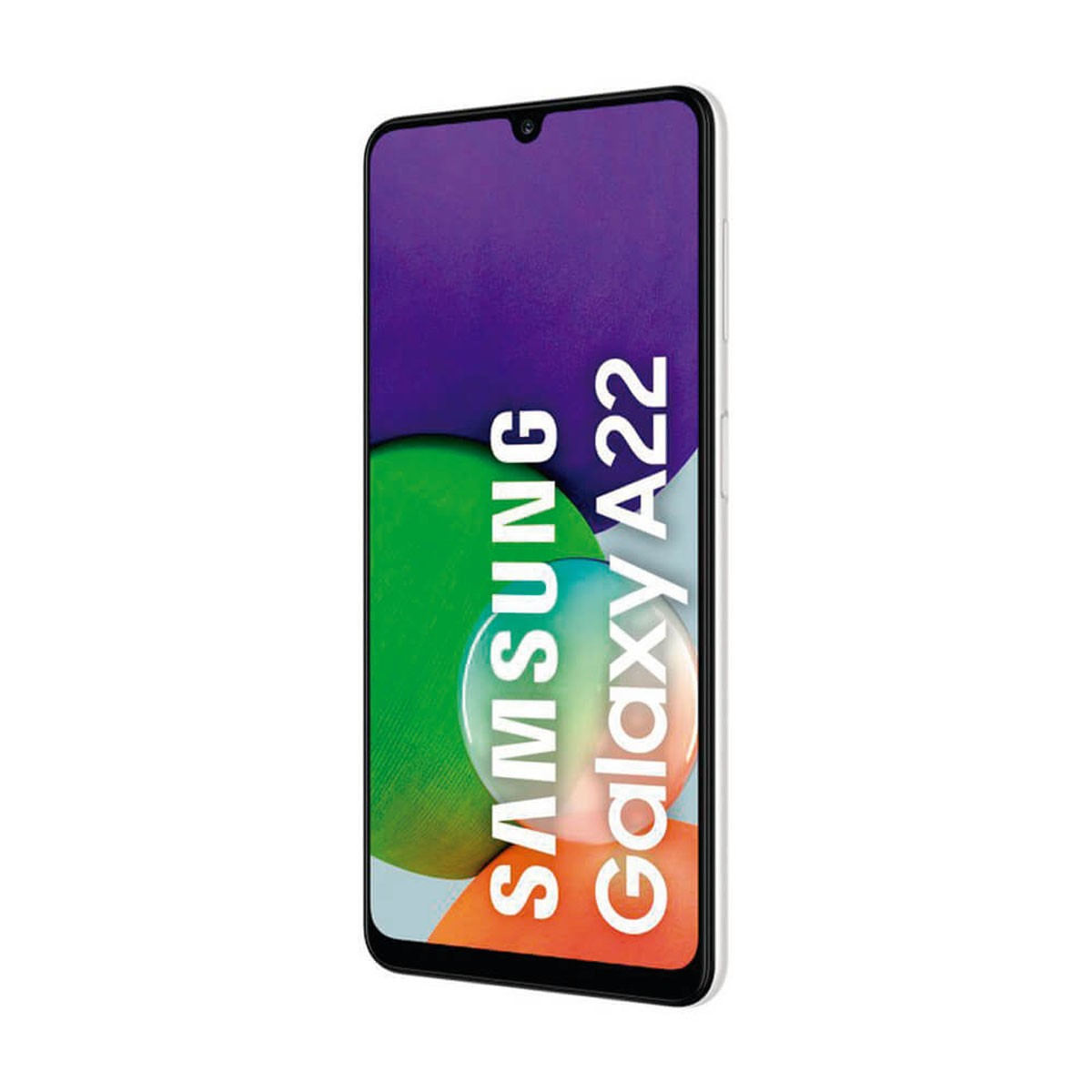 Samsung Galaxy A22 Smartphone in Weiß mit farbigem Bildschirm.