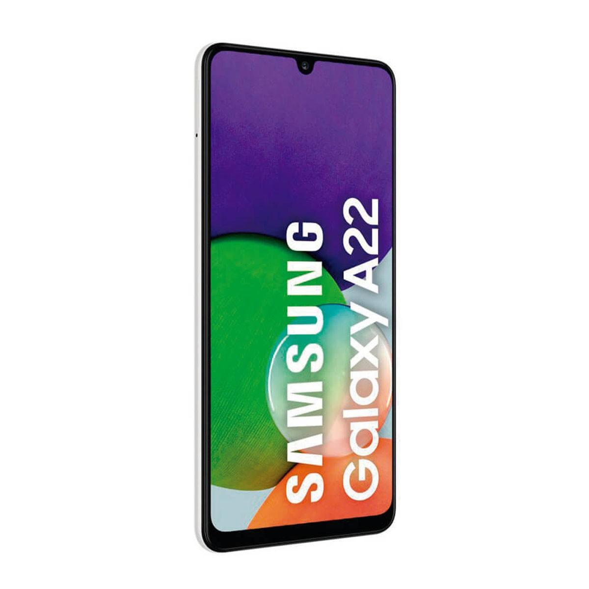 Ein weißes Samsung Galaxy A22 Smartphone zeigt einen bunten Hintergrund mit dem Markennamen.