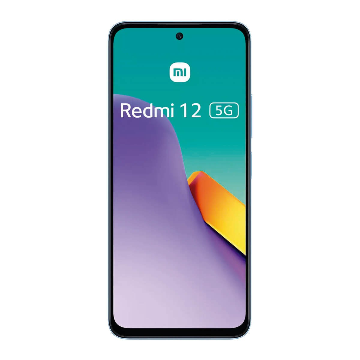 Frontansicht des Xiaomi Redmi 12 5G Smartphones mit einem farbenfrohen, abstrakten Hintergrund.
