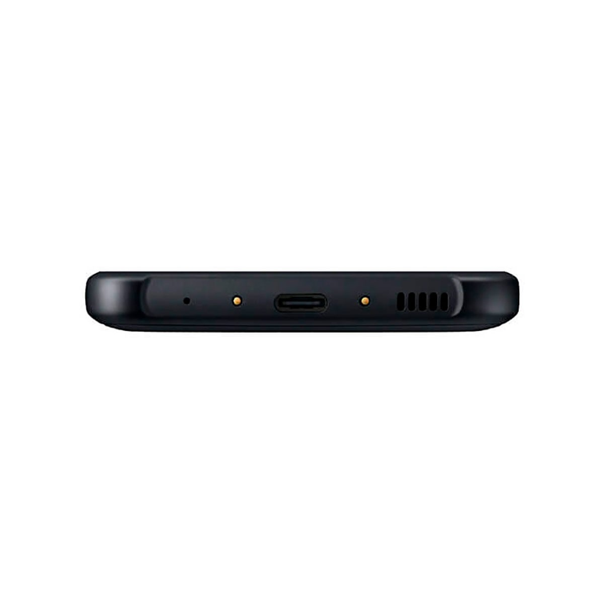 Vista inferiore di uno smartphone nero con porta USB-C, microfono, contatti di ricarica e altoparlante.