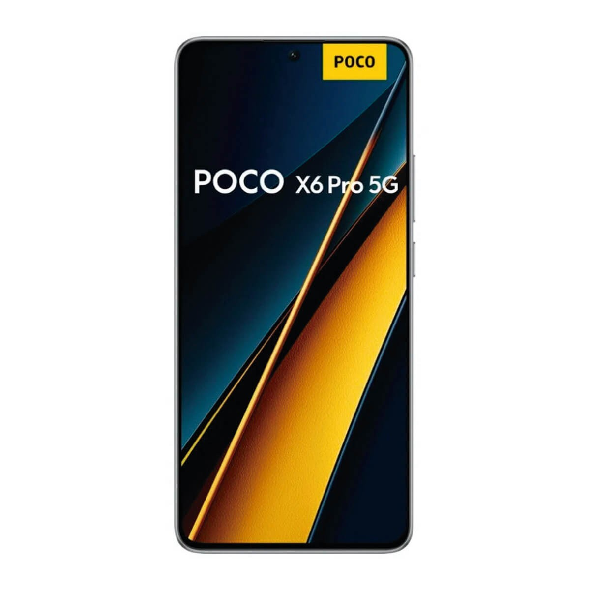 Ein Poco X6 Pro 5G Smartphone mit einem gelb-blauen Hintergrund und aufgedrucktem Markennamen.