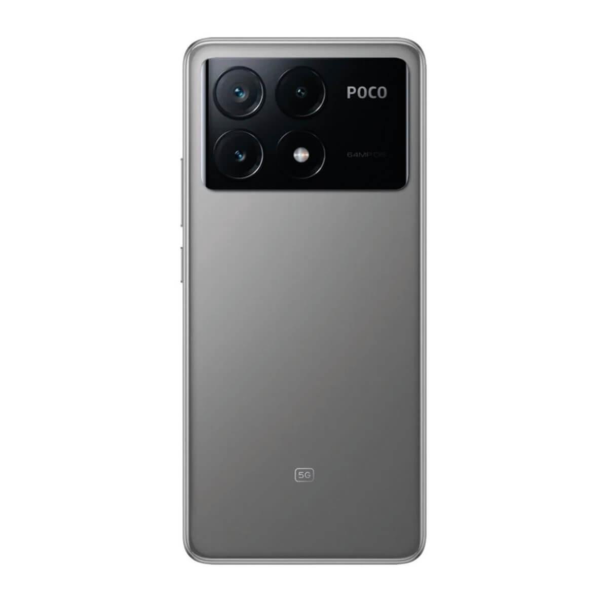 Rückseite eines grauen POCO 5G Smartphones mit vier Kameralinsen in einem schwarzen Modul.