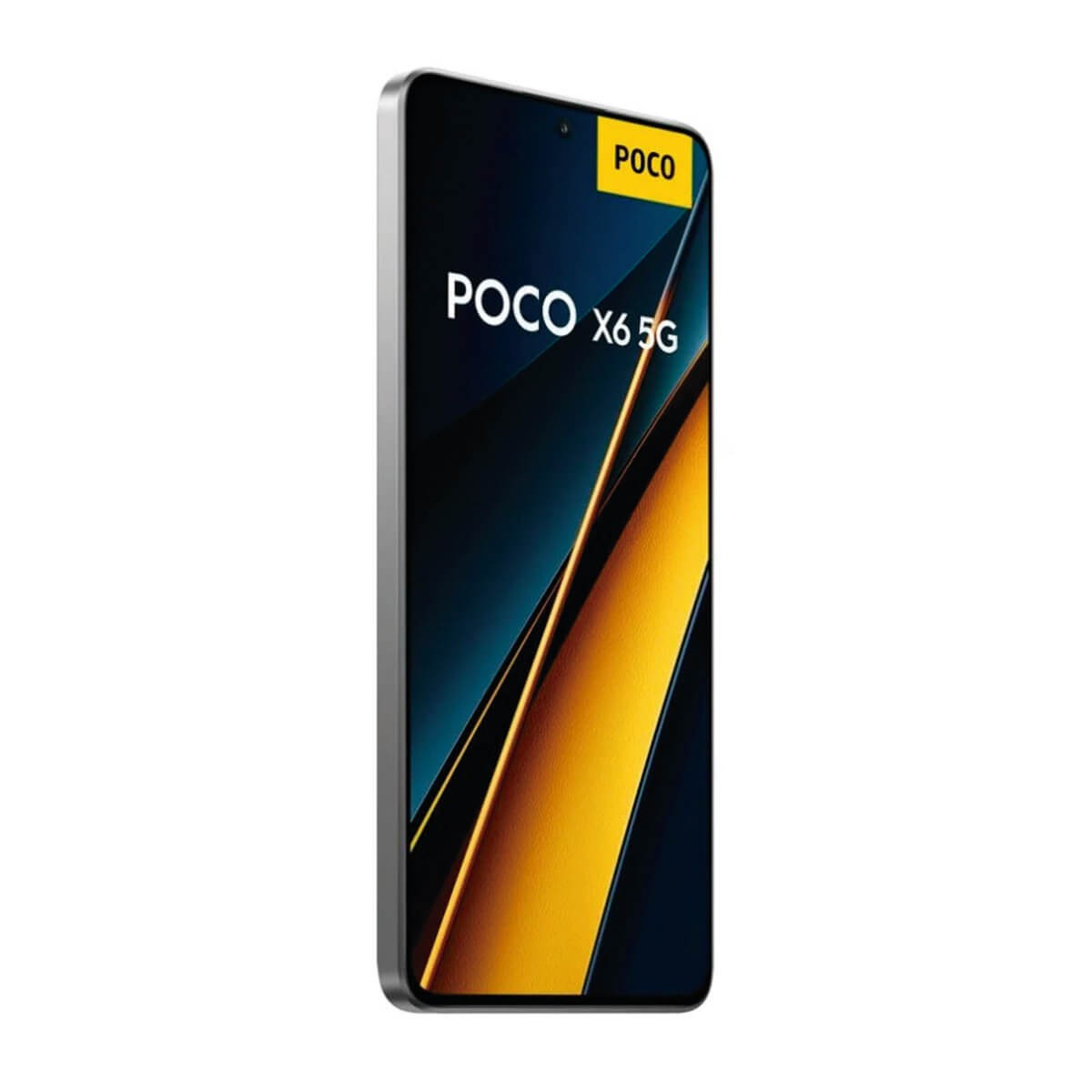 Ein nach rechts geneigtes POCO X6 5G Smartphone zeigt einen gelb-blauen Bildschirm mit Markentext vor weißem Hintergrund.