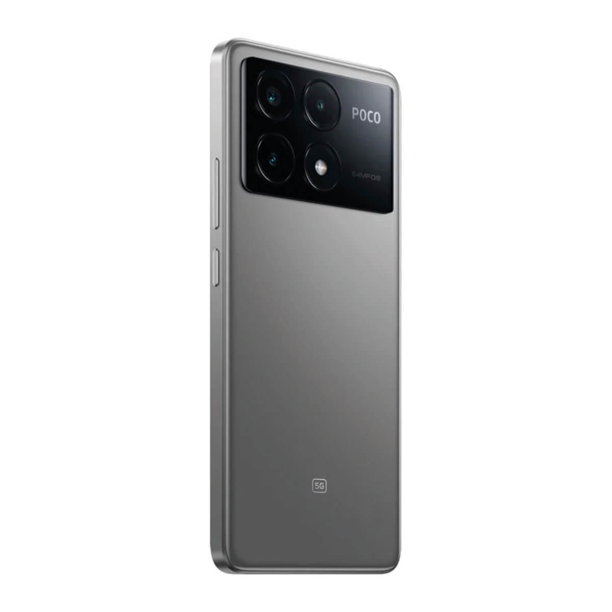 Rückseite eines grauen POCO 5G Smartphones mit rechteckigem Kameramodul oben.