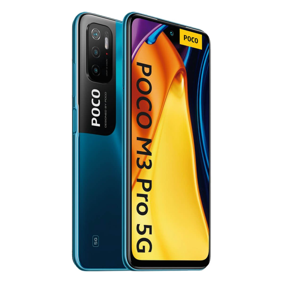 Vorder- und Rückseite eines blauen POCO M3 Pro 5G Smartphones mit Kamera und farbigem Display.