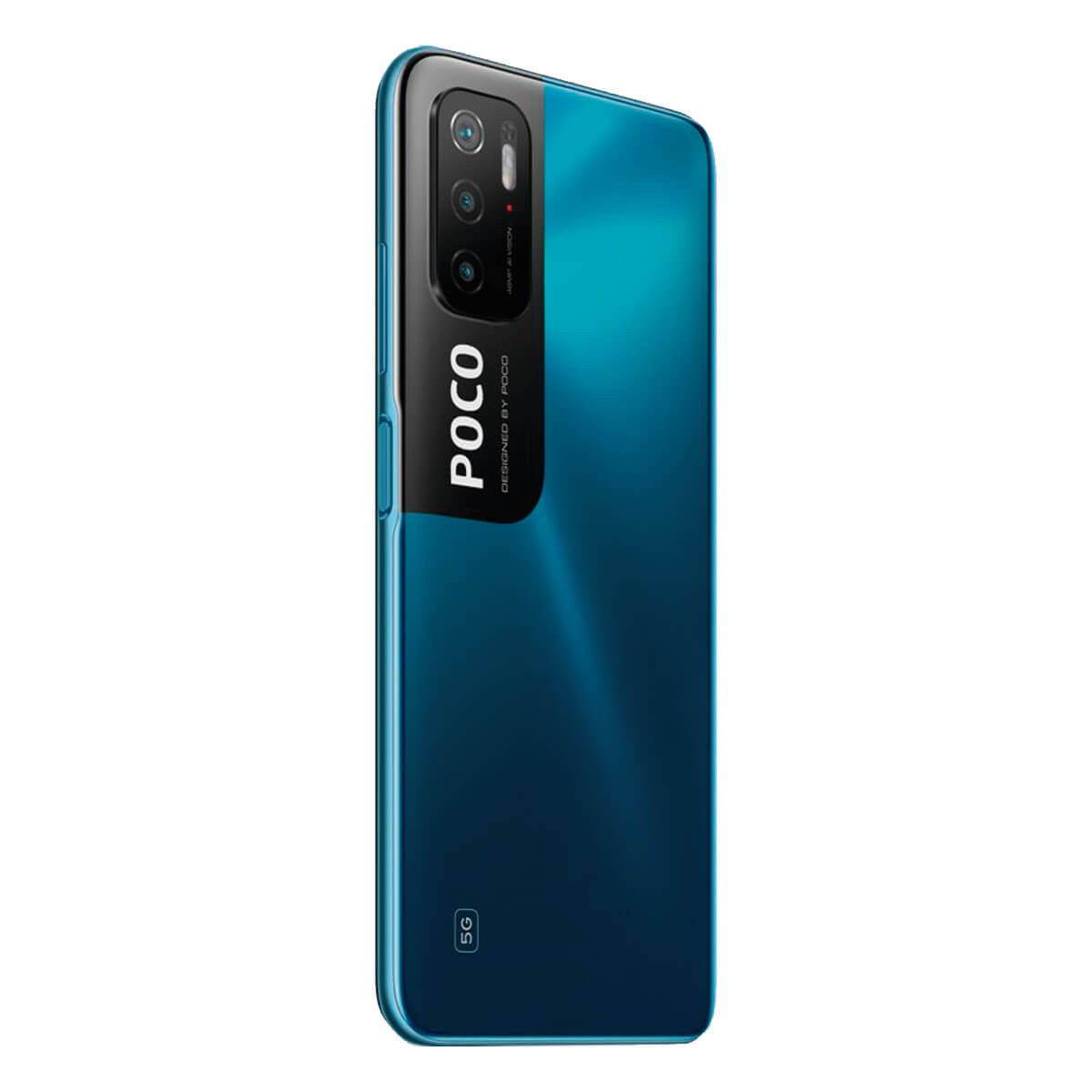Rückseite eines blauen POCO 5G Smartphones mit vertikalem Kameramodul.