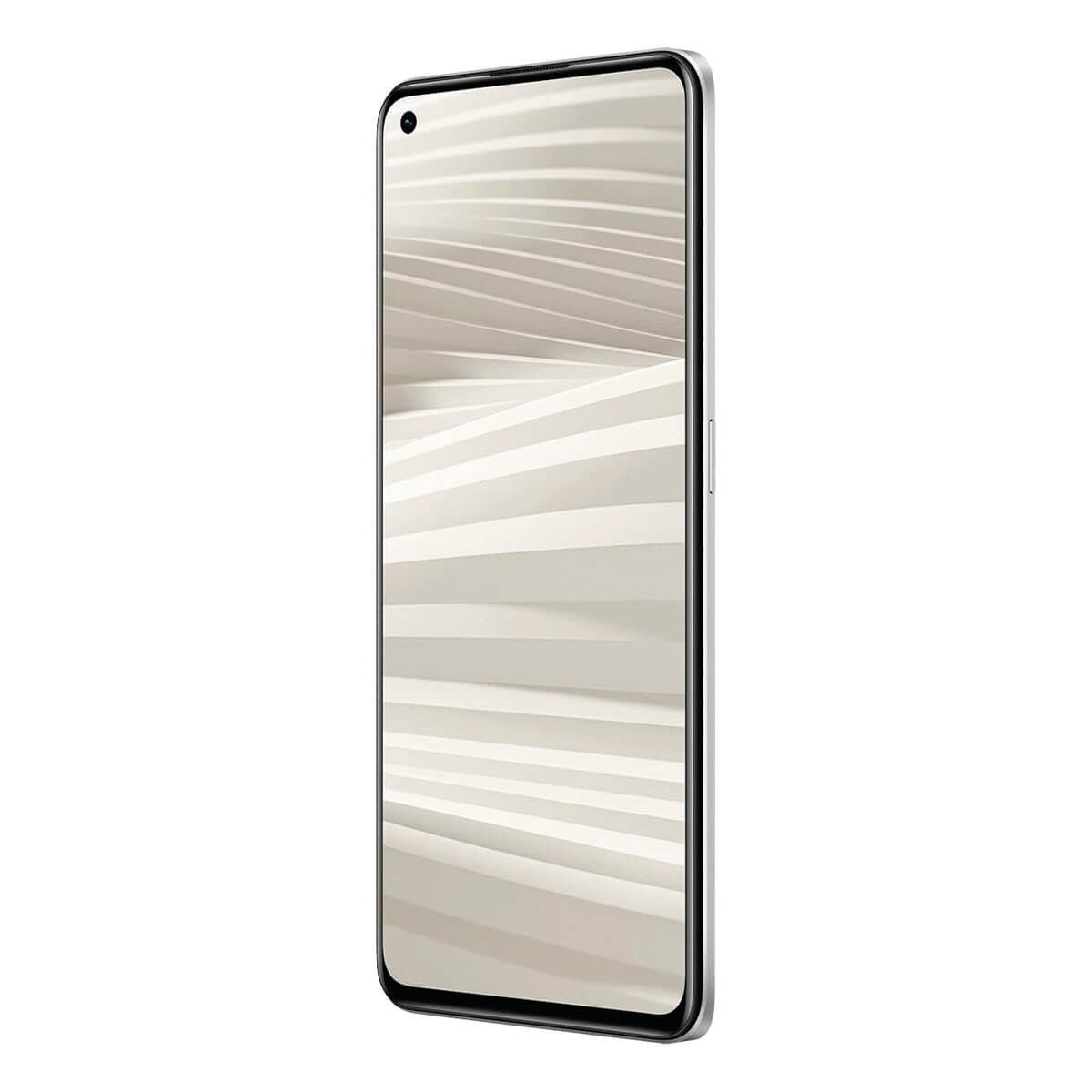 Un smartphone elegante con marco plateado muestra un fondo abstracto ondulado claro, inclinado ligeramente a la derecha.