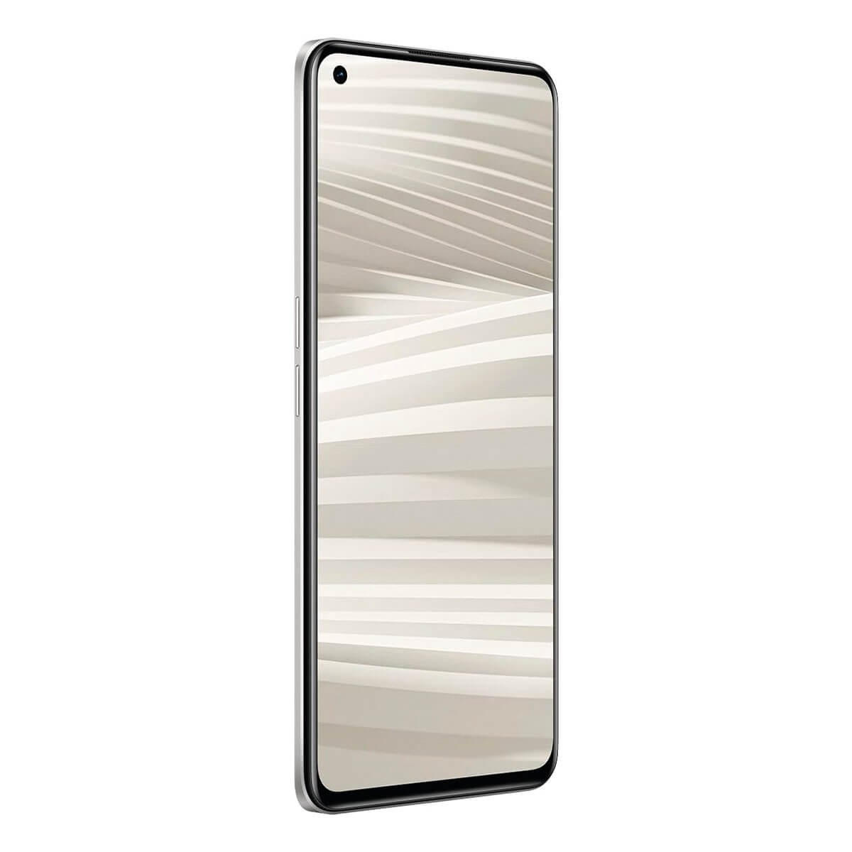 Un teléfono inteligente plateado con un fondo de pantalla de ondas abstractas claras.