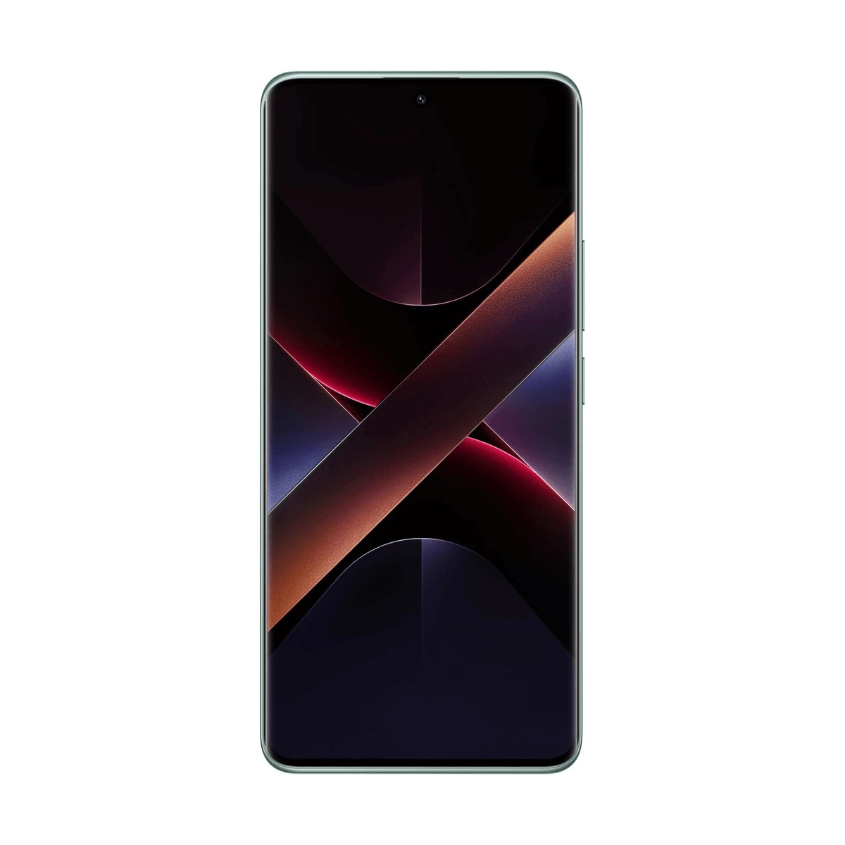 Uno smartphone che mostra uno schermo scuro con un motivo astratto rosso e viola.