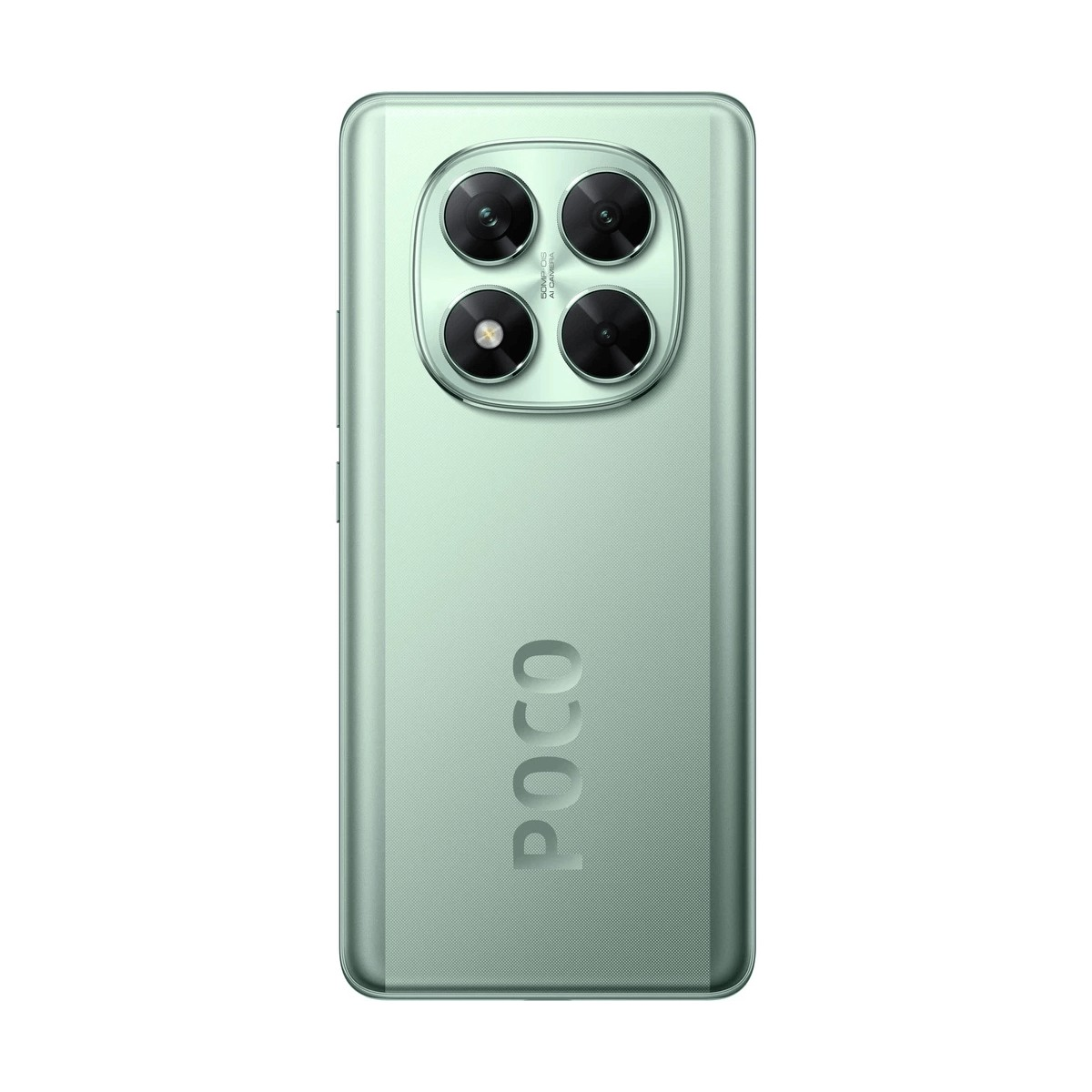 Retro di uno smartphone POCO verde menta con quattro obiettivi fotografici disposti in quadrato.