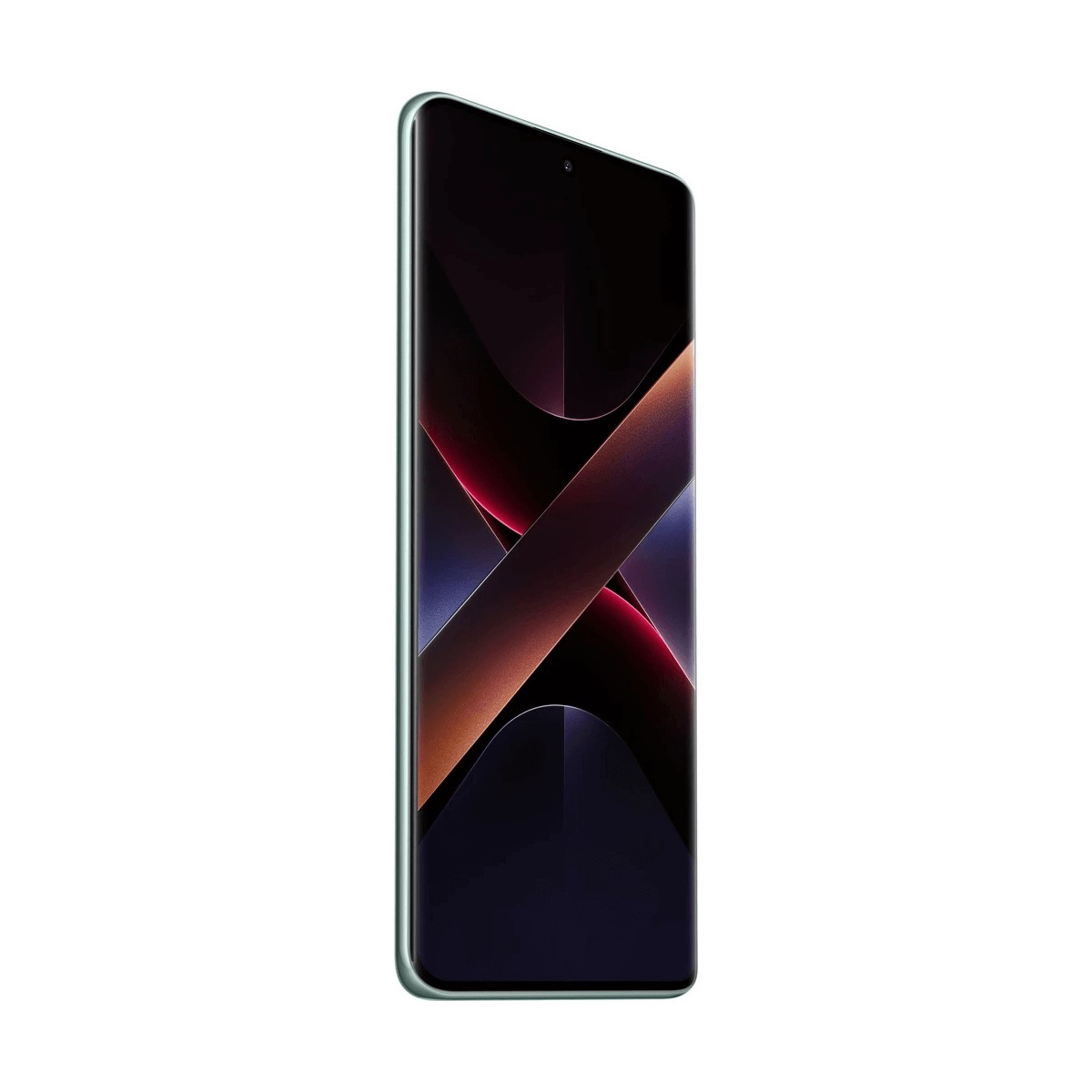 Uno smartphone elegante con schermo curvo mostra uno sfondo astratto e scuro con strisce di luce rossa e viola.