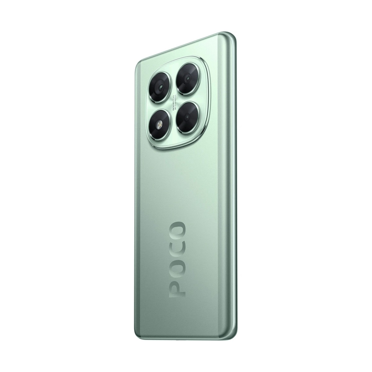 Retro di uno smartphone POCO verde menta con quattro obiettivi fotografici in un modulo quadrato.
