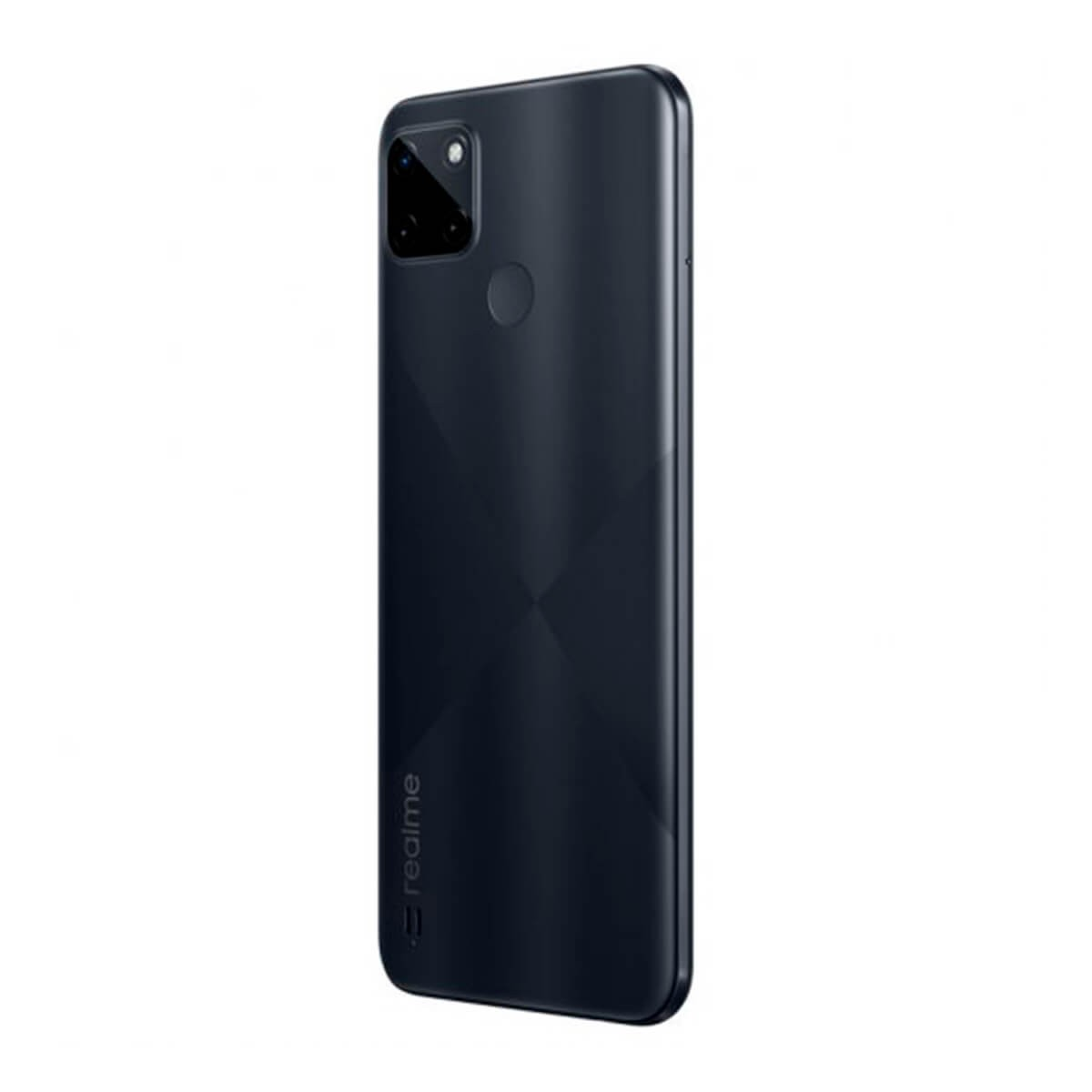 Ciemnoszary smartfon Realme widziany z tyłu, z podwójnym aparatem i czytnikiem linii papilarnych na białym tle.