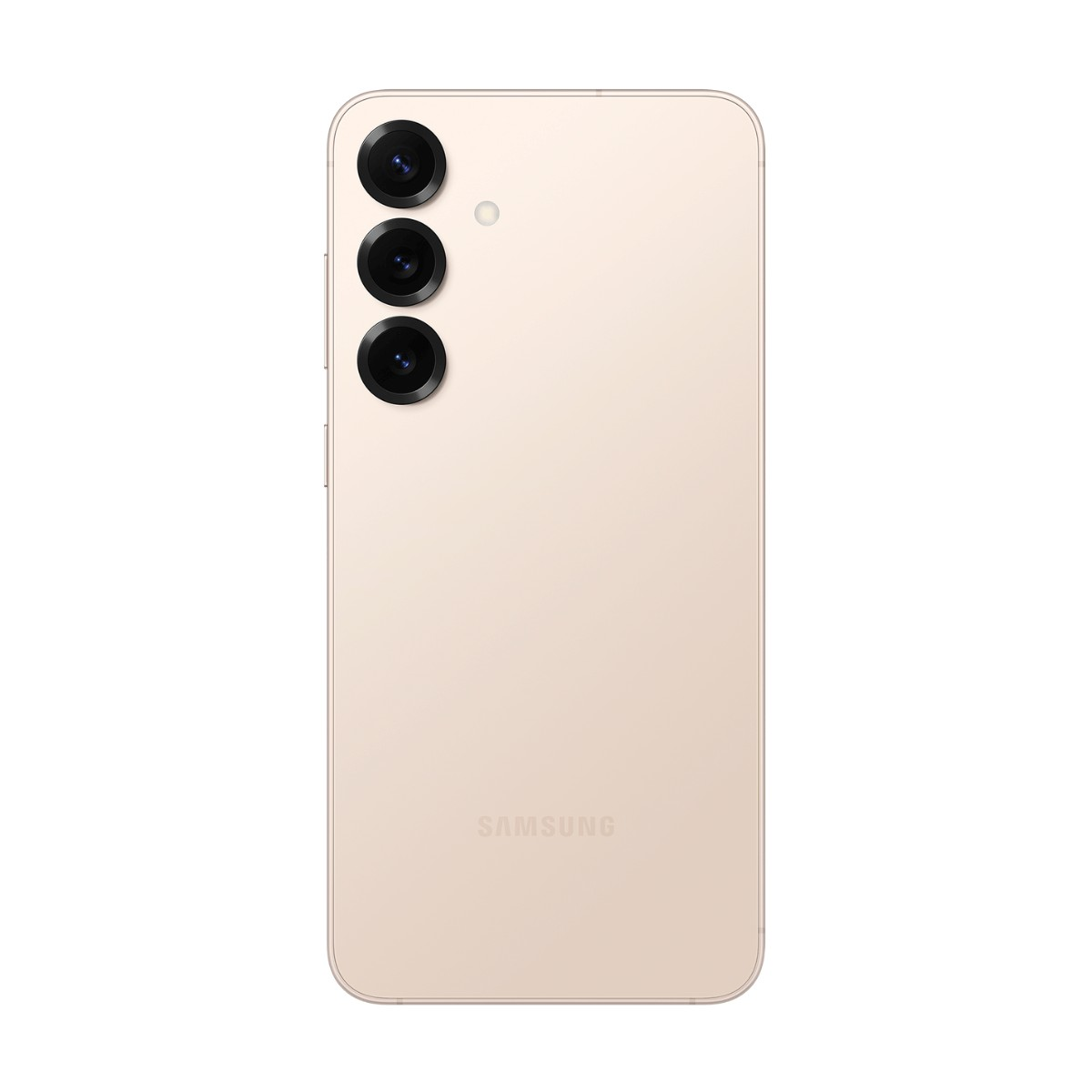 Rückseite eines beigen Smartphones mit drei vertikalen Kameras und dem Samsung-Logo.