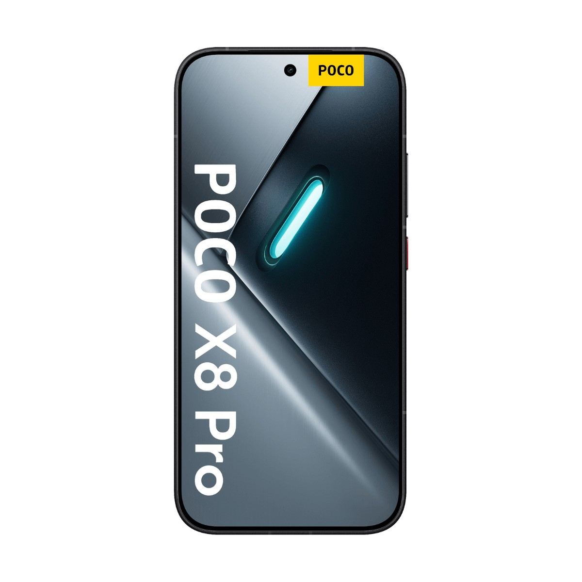 Uno smartphone nero Poco X8 Pro con schermo grigio, scritta POCO X8 Pro e un piccolo logo giallo in alto.