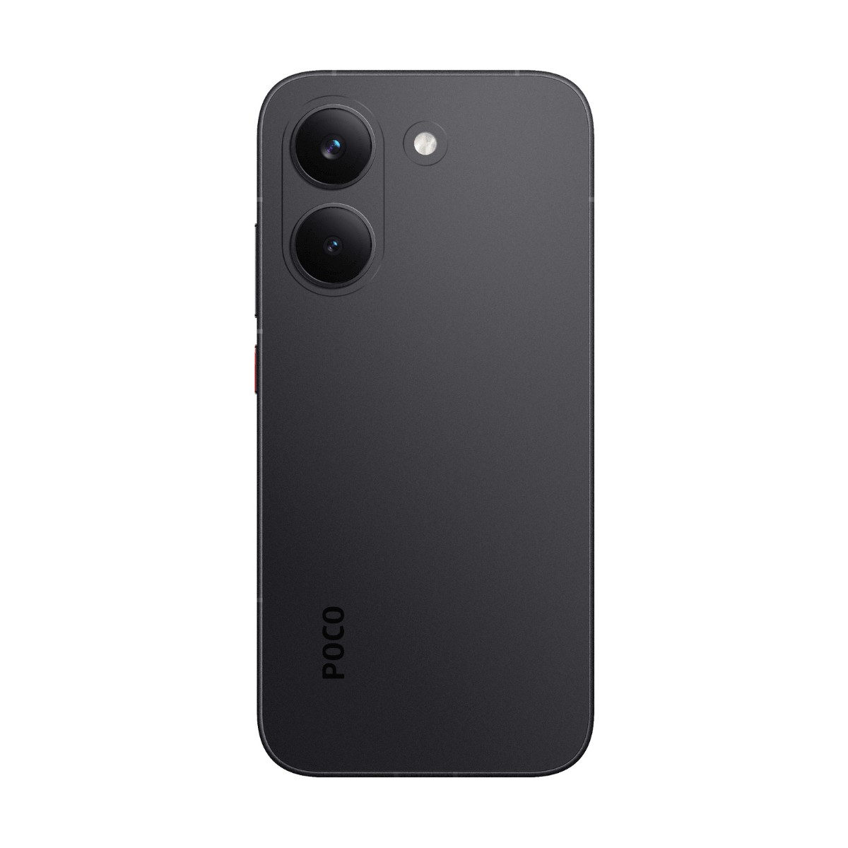 Parte trasera de un smartphone POCO gris oscuro con dos cámaras traseras y un flash sobre fondo blanco.