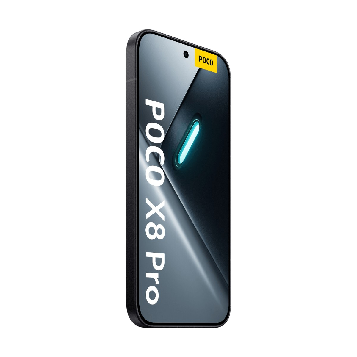 Smartphone negro POCO X8 Pro con pantalla brillante y logotipo amarillo de POCO arriba a la derecha.