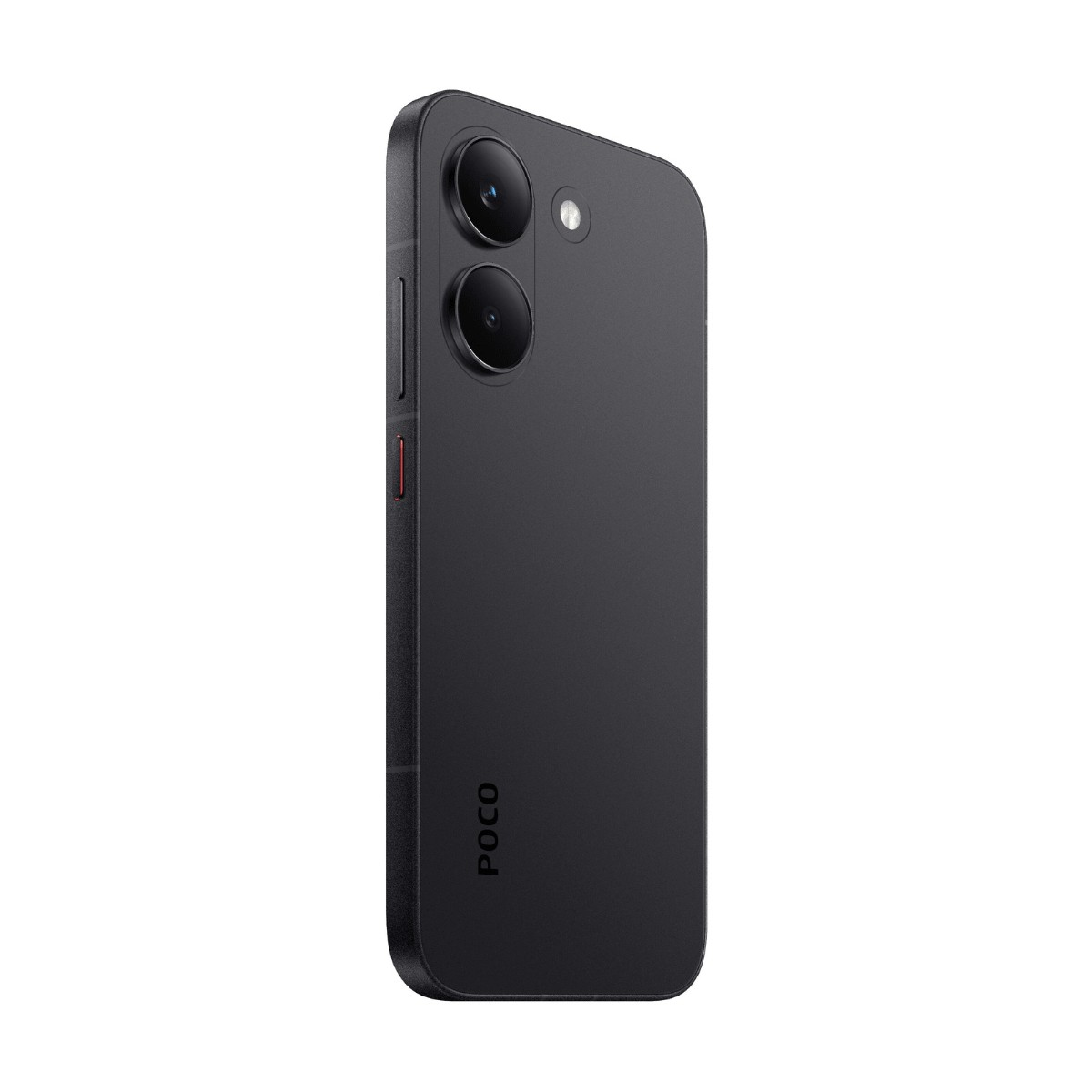 Parte trasera de un smartphone Poco negro con dos cámaras verticales y logotipo.