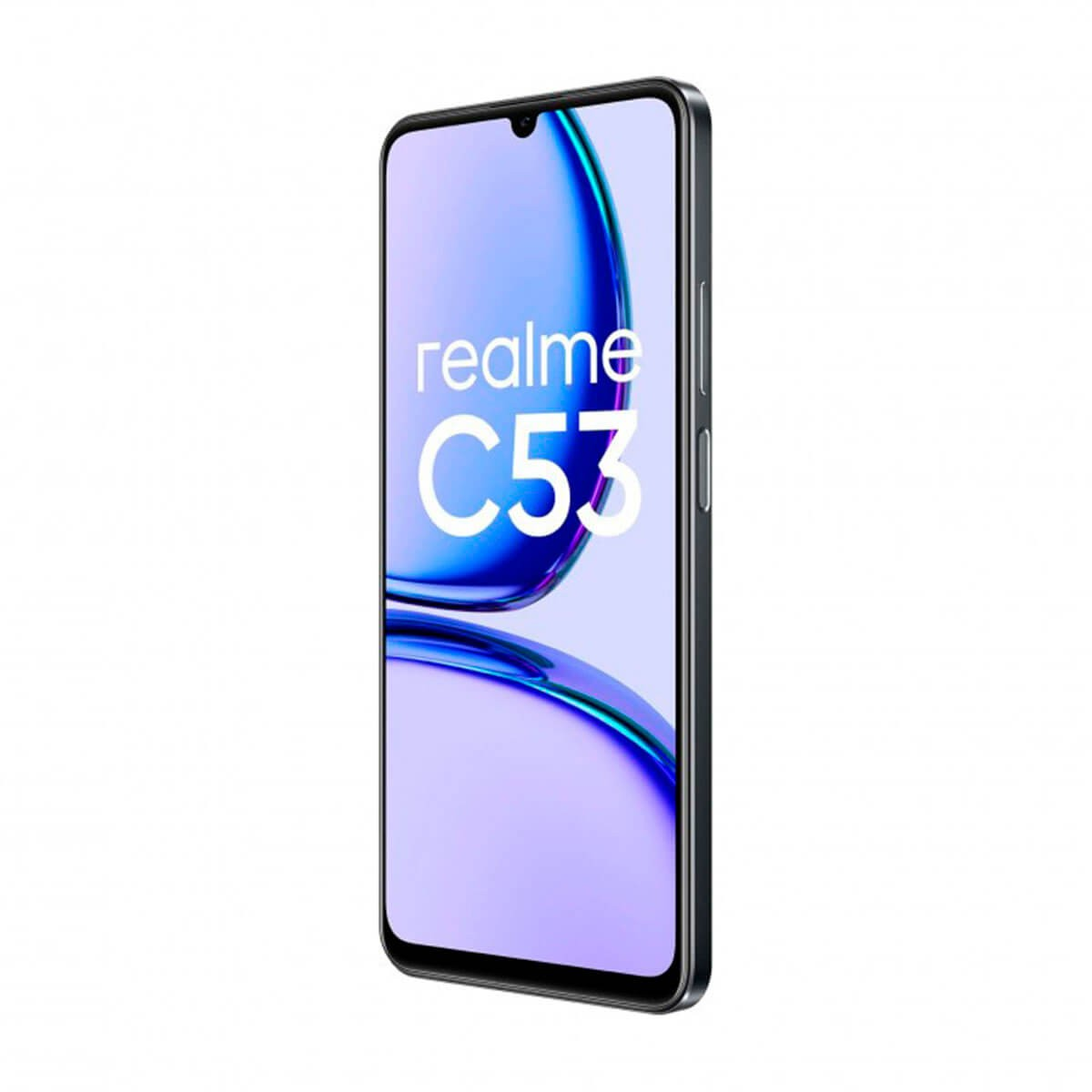 Uno smartphone Realme C53 nero mostra il logo e il nome del modello sullo schermo blu.