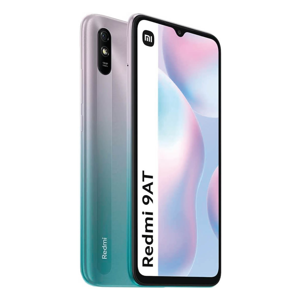Redmi 9AT Smartphone von vorne und hinten mit lila-türkis Gradienten-Rückseite und Wassertropfen-Notch-Bildschirm.