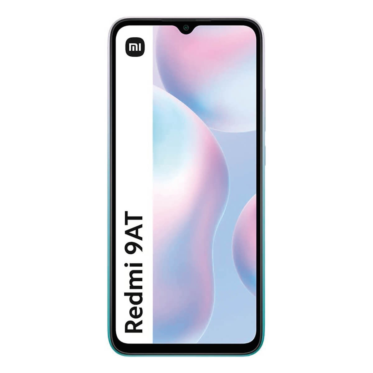 Frontansicht des Smartphones Redmi 9AT mit weißem und blauem Hintergrund auf dem Bildschirm.