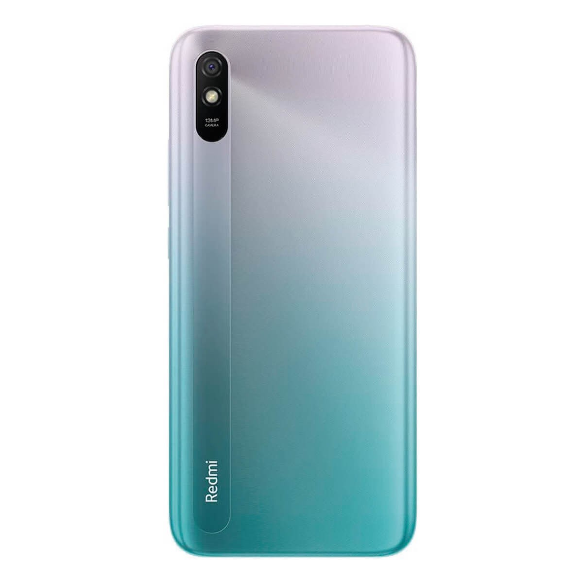 Rückseite eines blauen und weißen Redmi-Smartphones mit vertikaler Dual-Kamera und Redmi-Logo.
