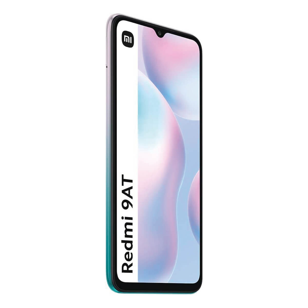 Redmi 9AT Smartphone mit farbigem Bildschirm und weißem Werbebanner auf weißem Hintergrund.