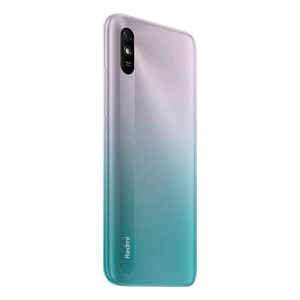Rückseite eines Redmi-Smartphones mit vertikalem Farbverlauf von Blau zu Silber und einer dualen Kamera.