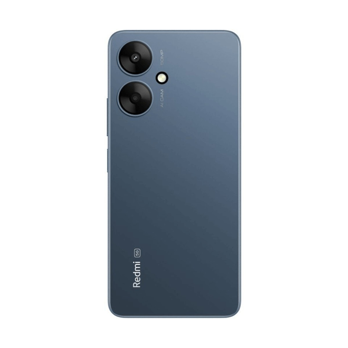 Il retro blu di uno smartphone Redmi 5G con due obiettivi fotografici e il logo in basso a sinistra.