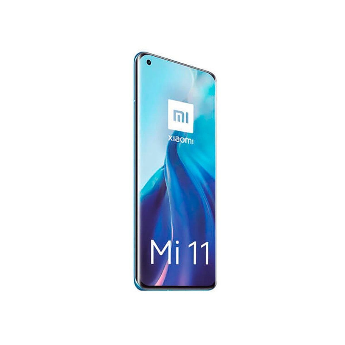 Uno smartphone Xiaomi Mi 11 che mostra uno sfondo blu e un logo.